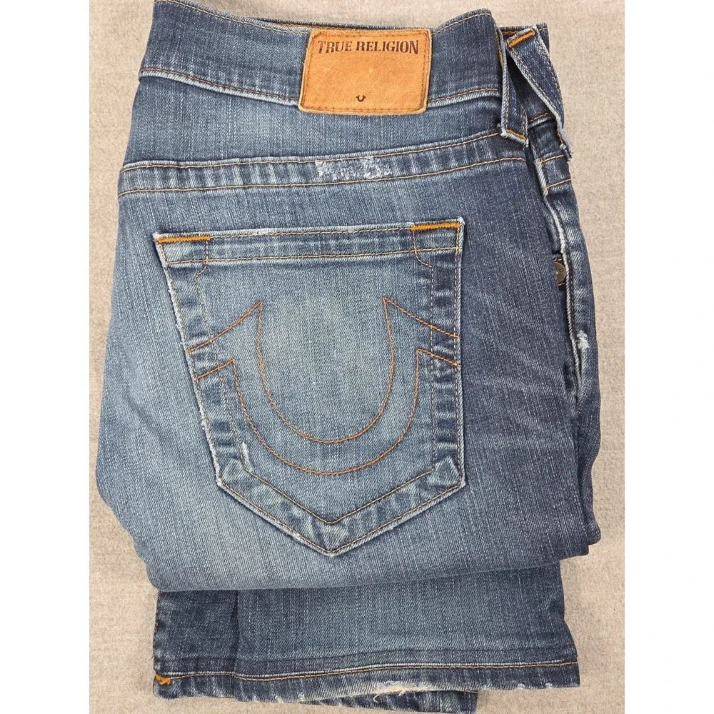 True Religion Mens 32 Short Jeans Rocco Relaxed Skinny Button Fly Distressed